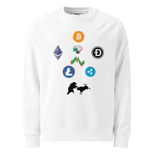 Long Sleeve Eco Sweatshirt in White with Cryptocurrency Design | Sustainable Apparel for Traders