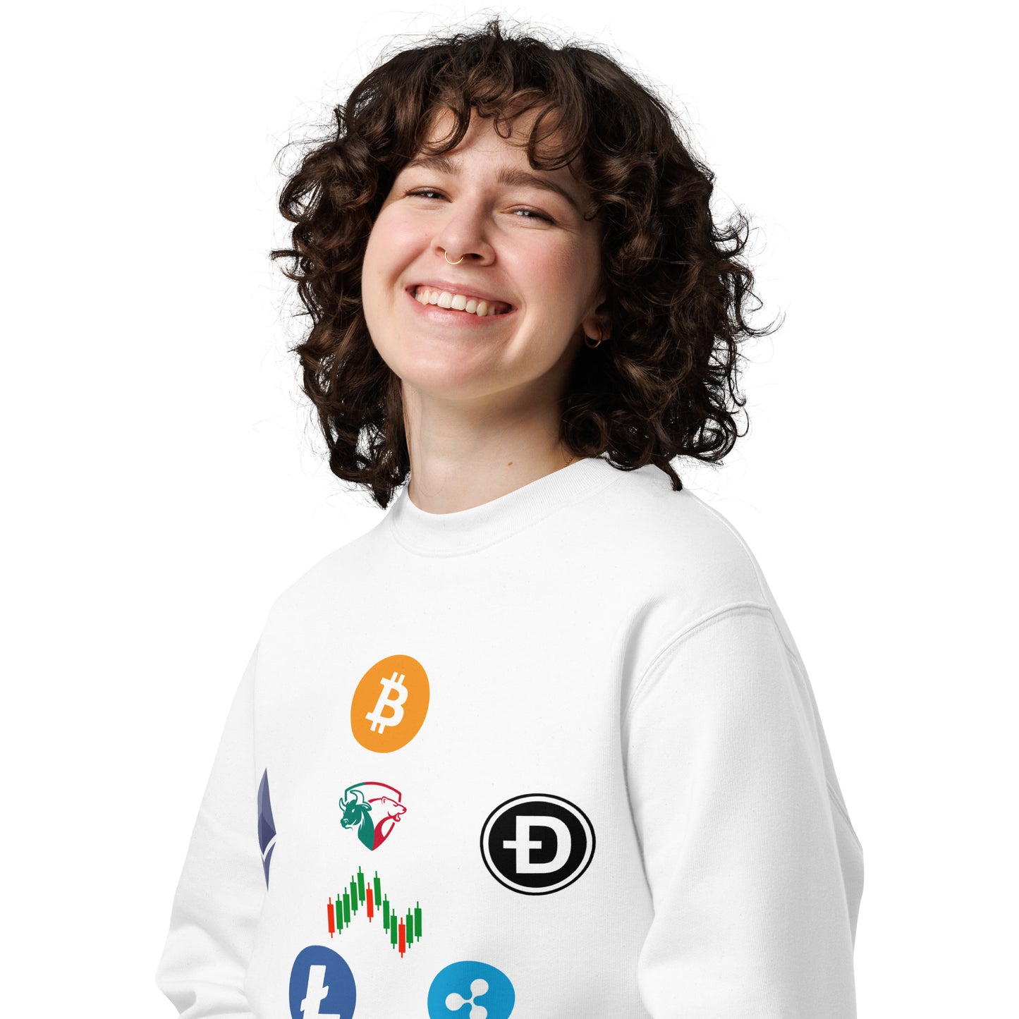 Long Sleeve Eco Sweatshirt in White with Cryptocurrency Design | Sustainable Apparel for Traders