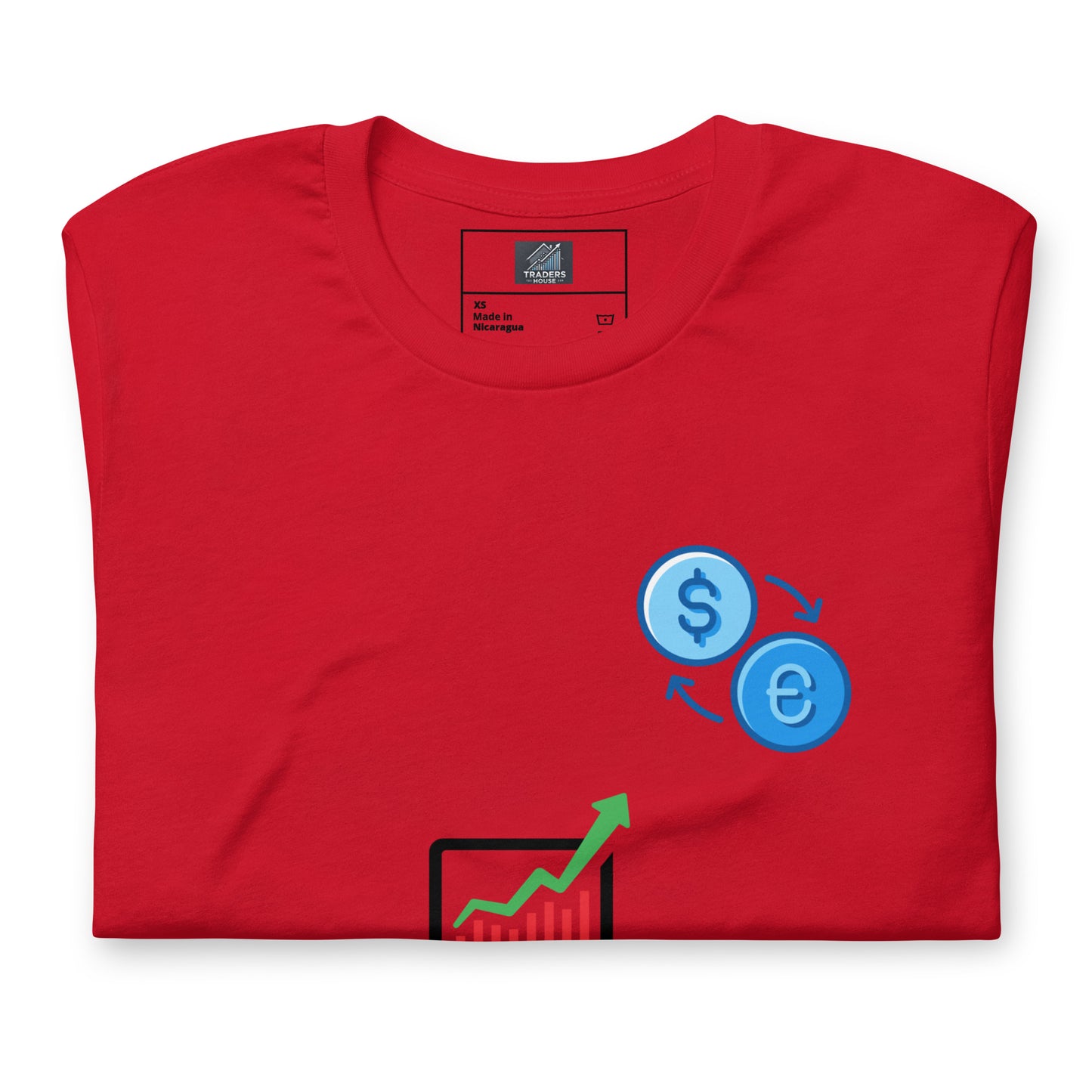 Red T-Shirt with EUR/USD Laptop Logo & Black Candlesticks – TradersHouse Exclusive Trading Apparel