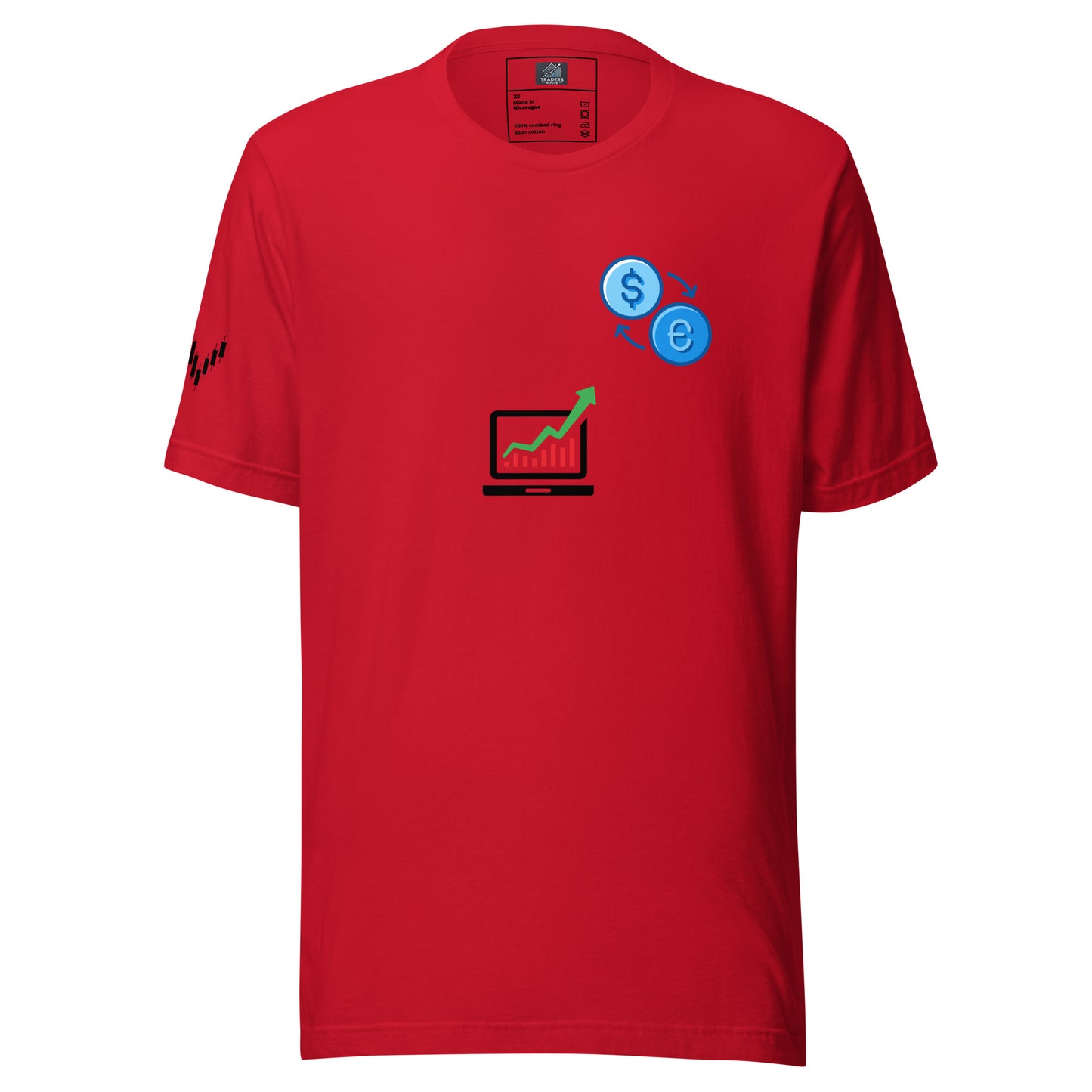 Red T-Shirt with EUR/USD Laptop Logo & Black Candlesticks – TradersHouse Exclusive Trading Apparel