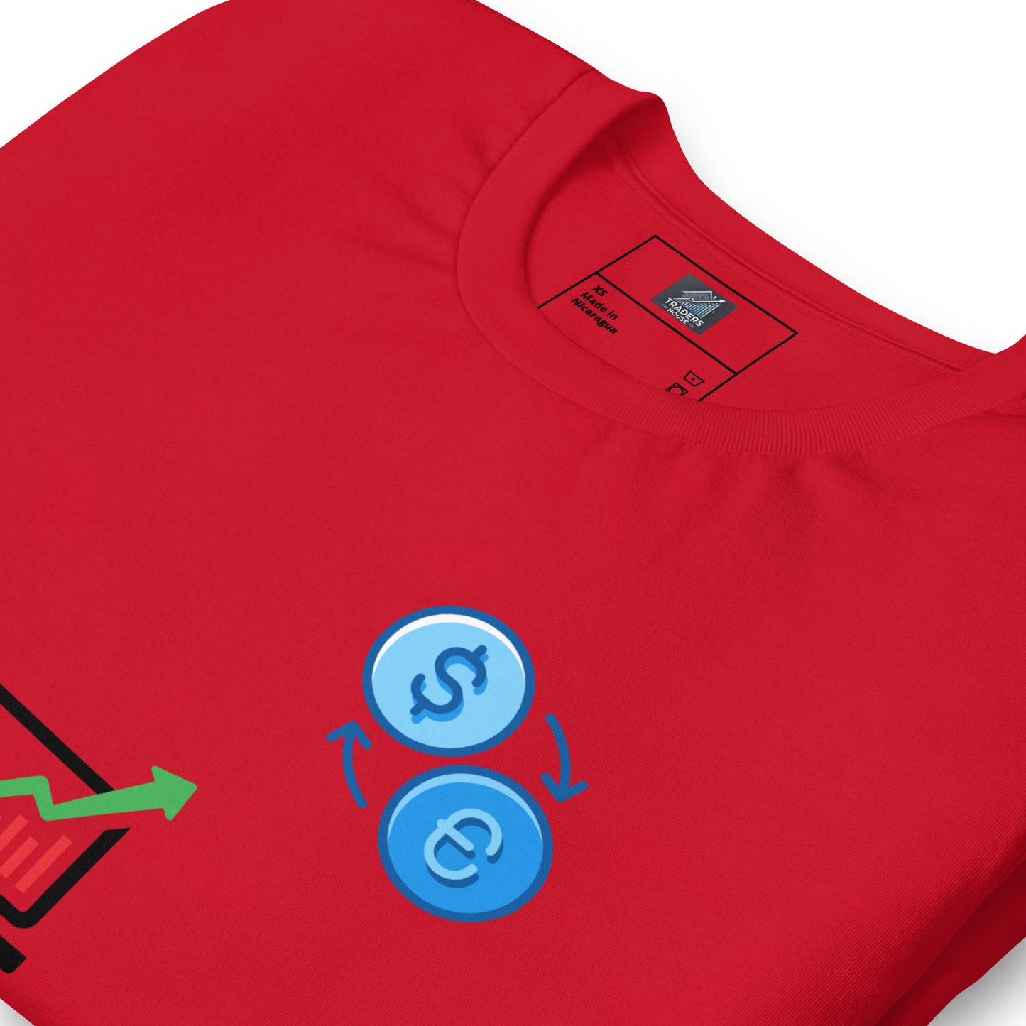 Red T-Shirt with EUR/USD Laptop Logo & Black Candlesticks – TradersHouse Exclusive Trading Apparel